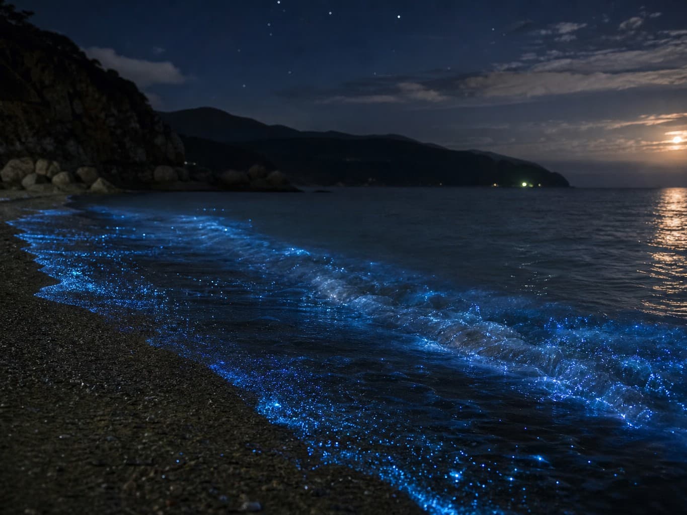 夜の海岸で青く光る夜光虫 - Bioluminescent plankton glowing blue on a night shore