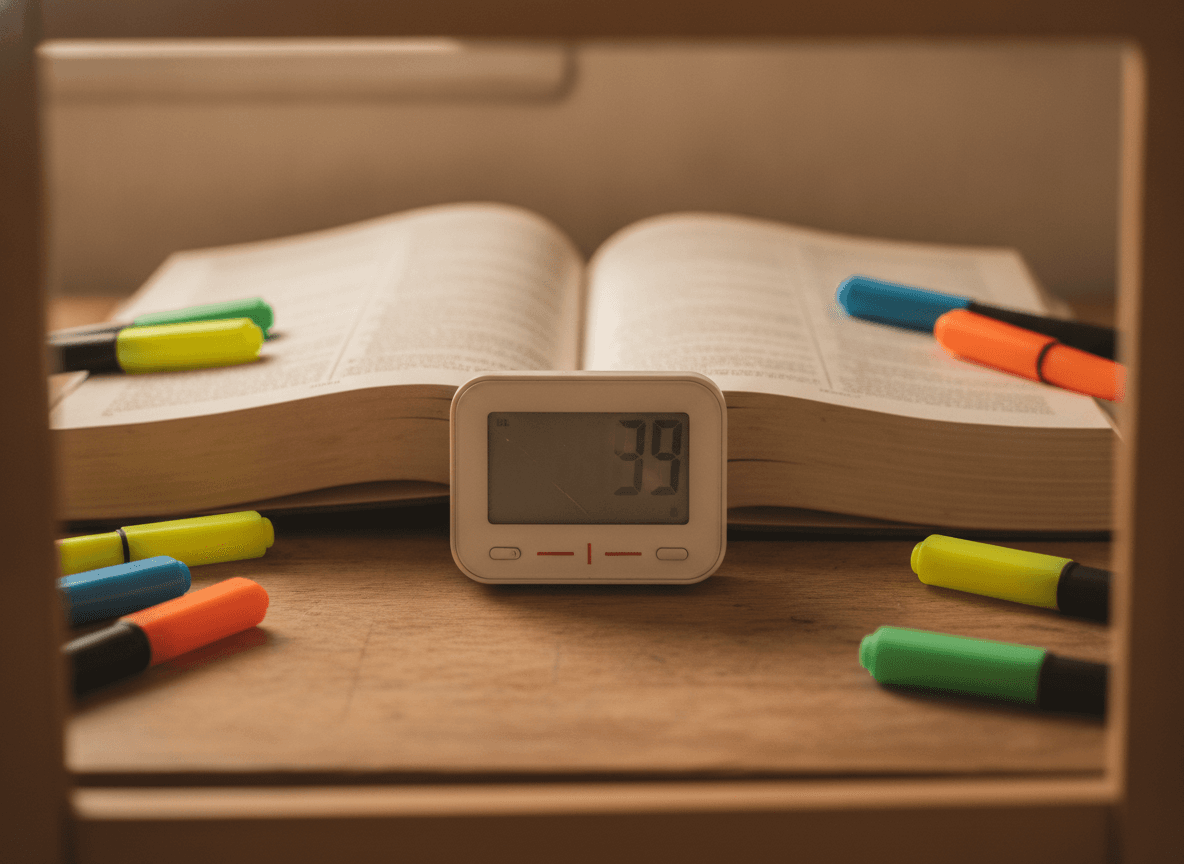 勉強机に開かれた参考書と文房具 - Open Reference Book and Stationery on a Study Desk