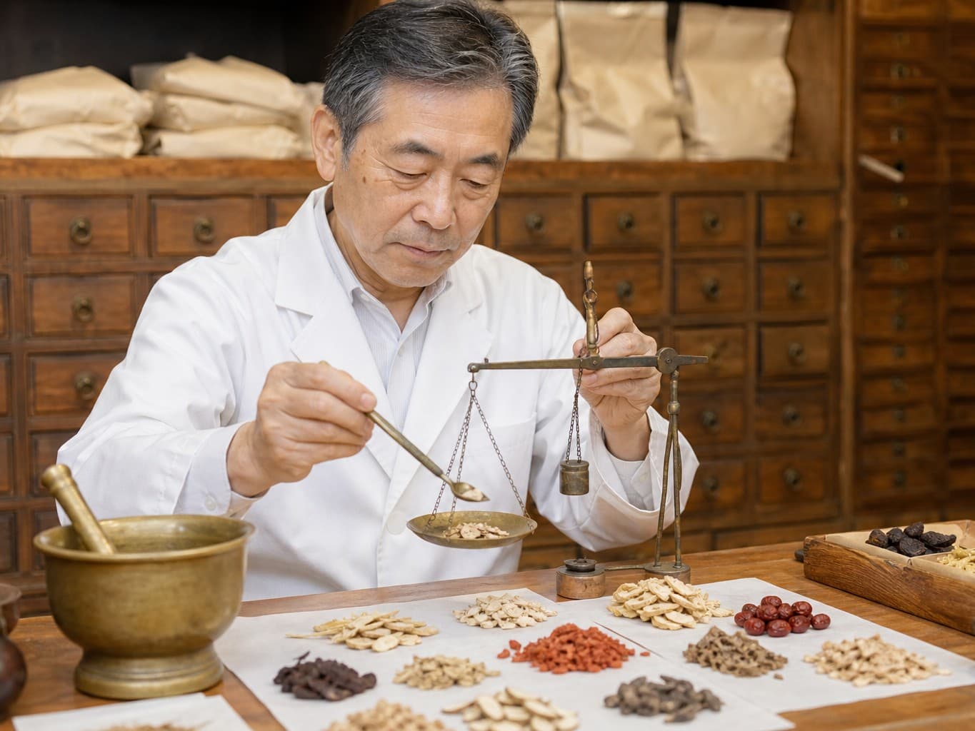 生薬を量って調合する薬剤師 - Pharmacist weighing herbal medicines