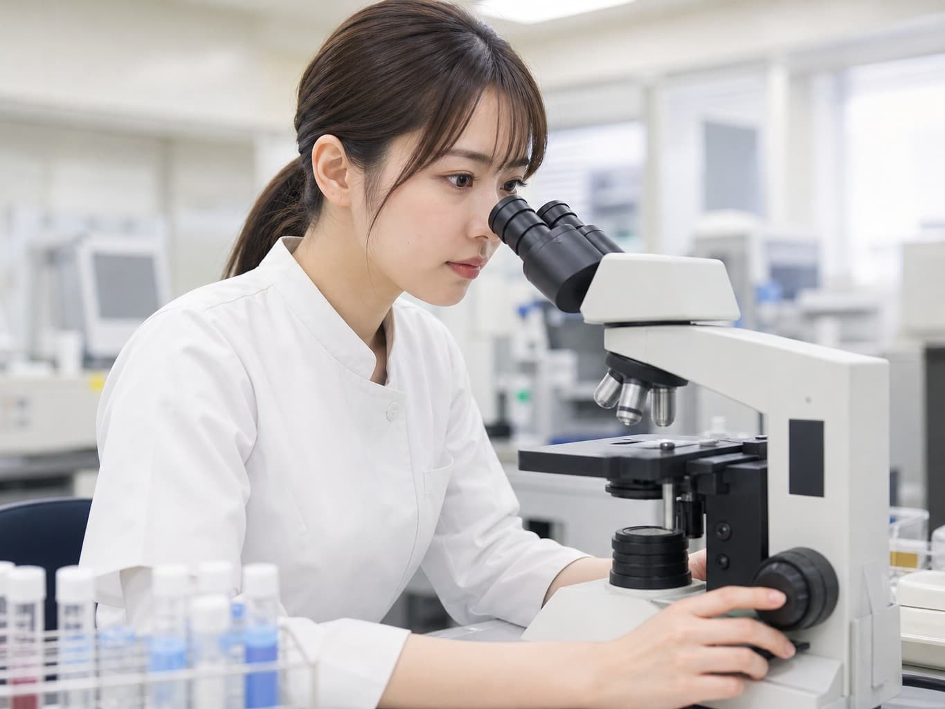顕微鏡で検体を調べる臨床検査技師 - Clinical laboratory technologist examining a specimen
