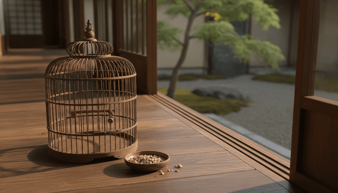 陽の光が差し込む縁側に置かれた鳥かごと餌