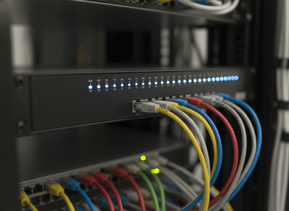 青いLEDが点滅するネットワークハブ - Network Switch with Flashing Blue LED Lights