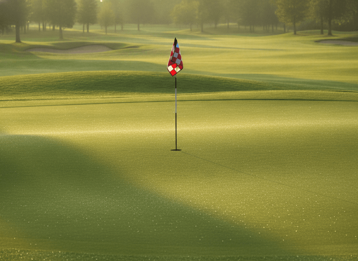 朝露に輝くゴルフ場のグリーンとピンフラッグ - Golf Course Green Glistening with Morning Dew