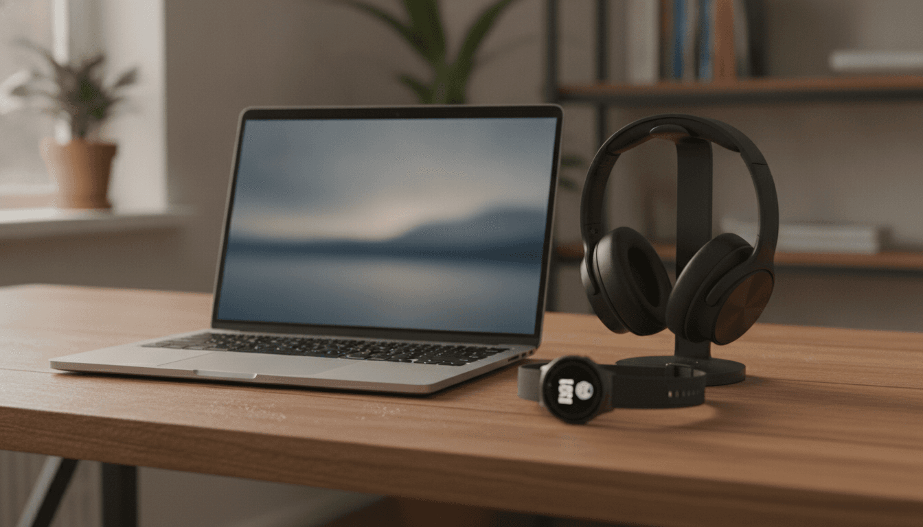 デスク上に置かれたノートPCとガジェット類
