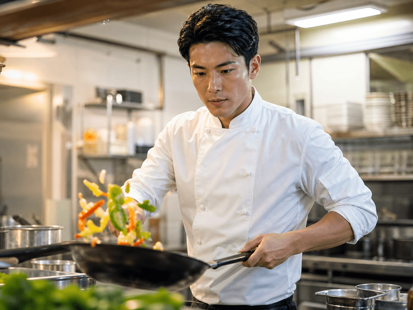 厨房で調理をするシェフ - Chef Cooking in a Restaurant Kitchen