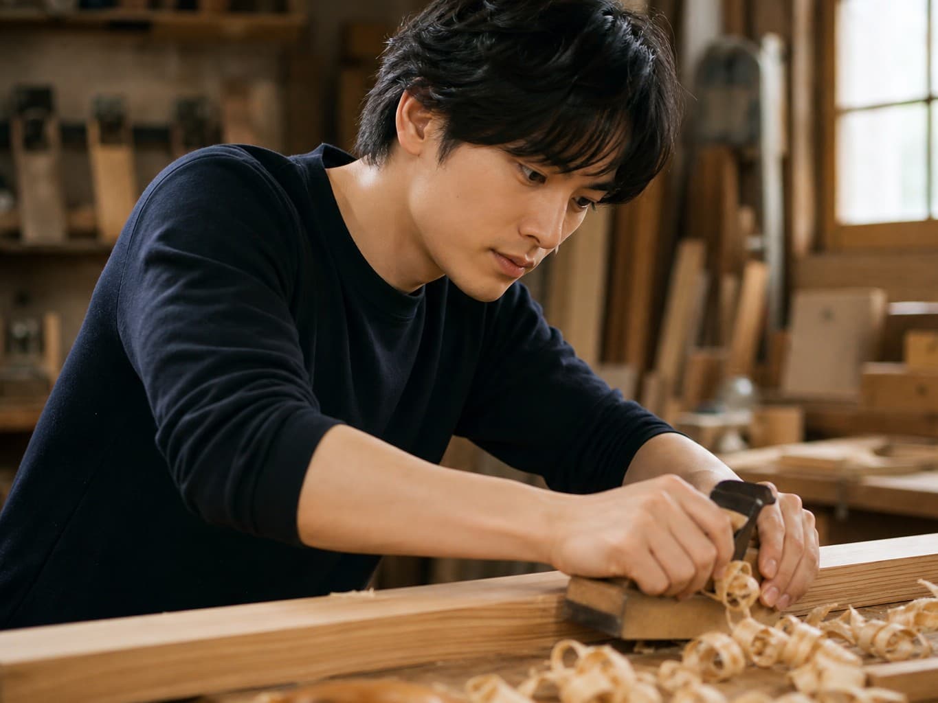 かんなで木材を削る家具職人 - Furniture maker planing wood in a workshop