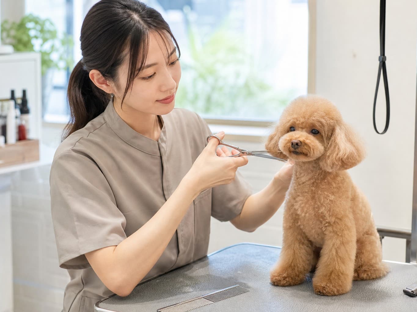 犬をトリミングするトリマー - Pet groomer trimming a toy poodle