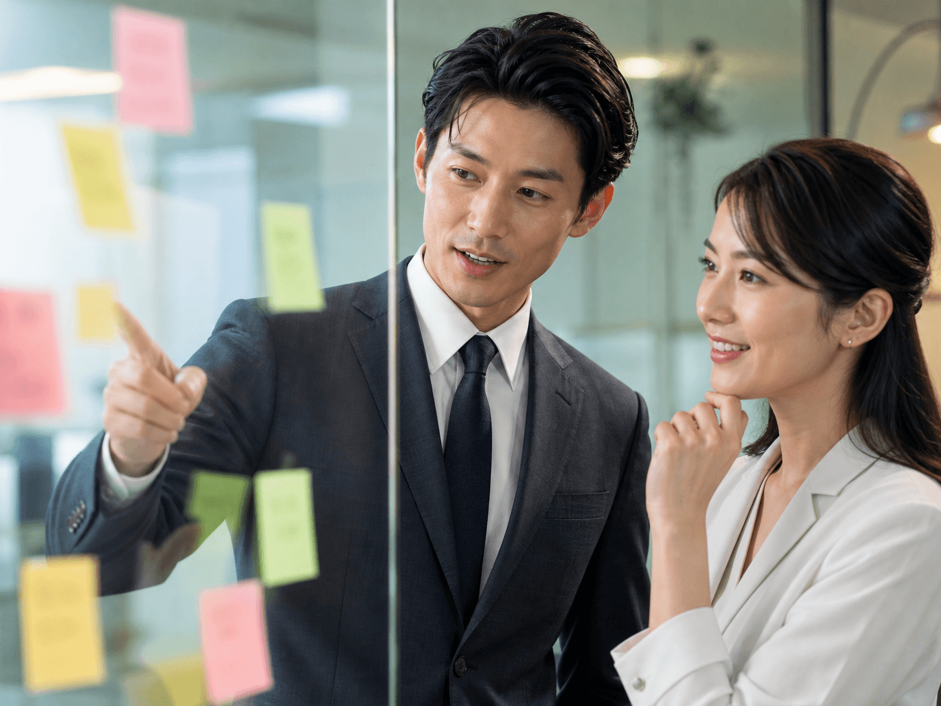 ガラスボードの付箋を見ながら議論する社員 - Colleagues Discussing Ideas in Front of a Glass Board