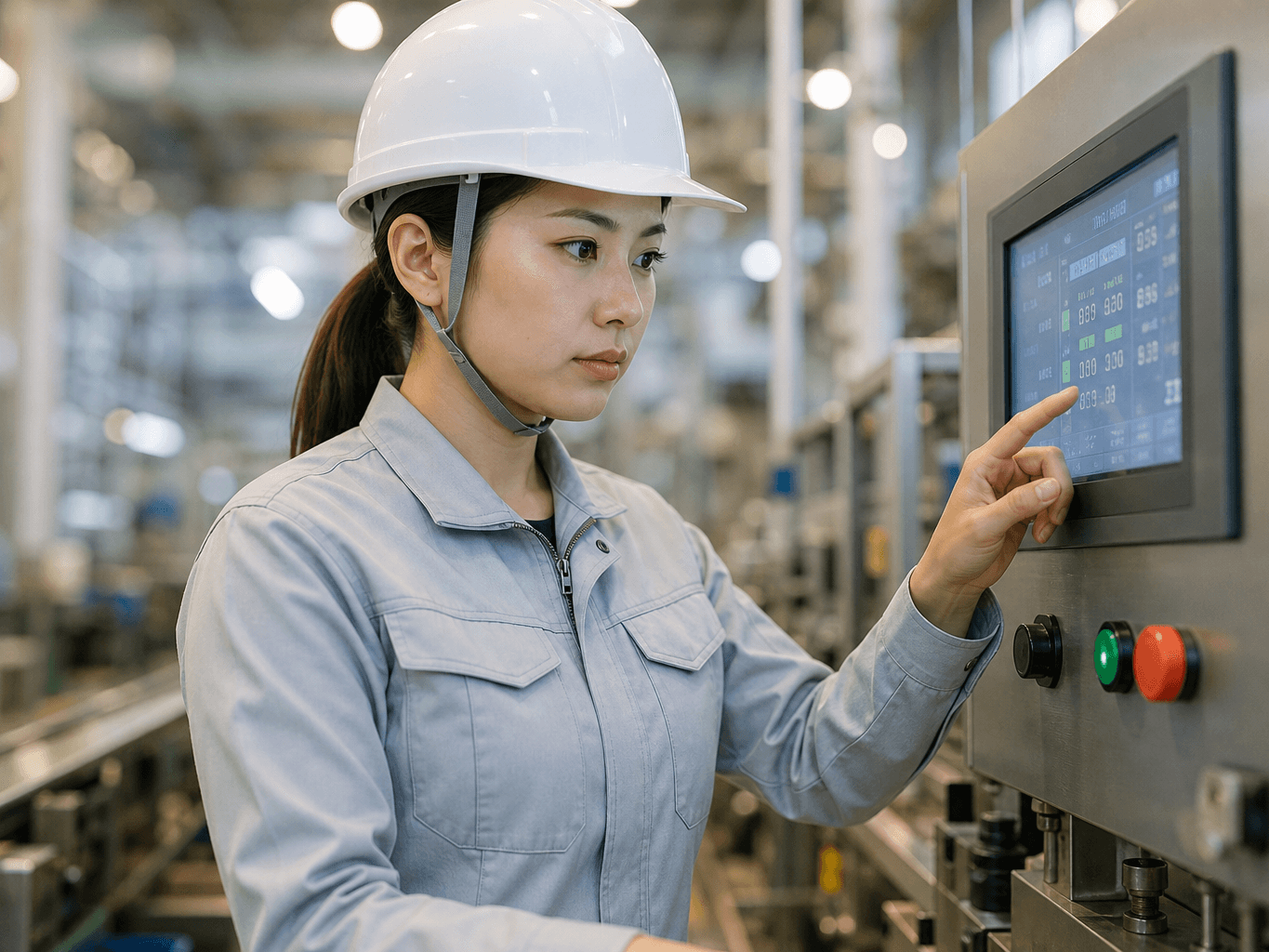 工場のラインで機械を点検する作業員 - Factory Worker Inspecting Production Line Machinery