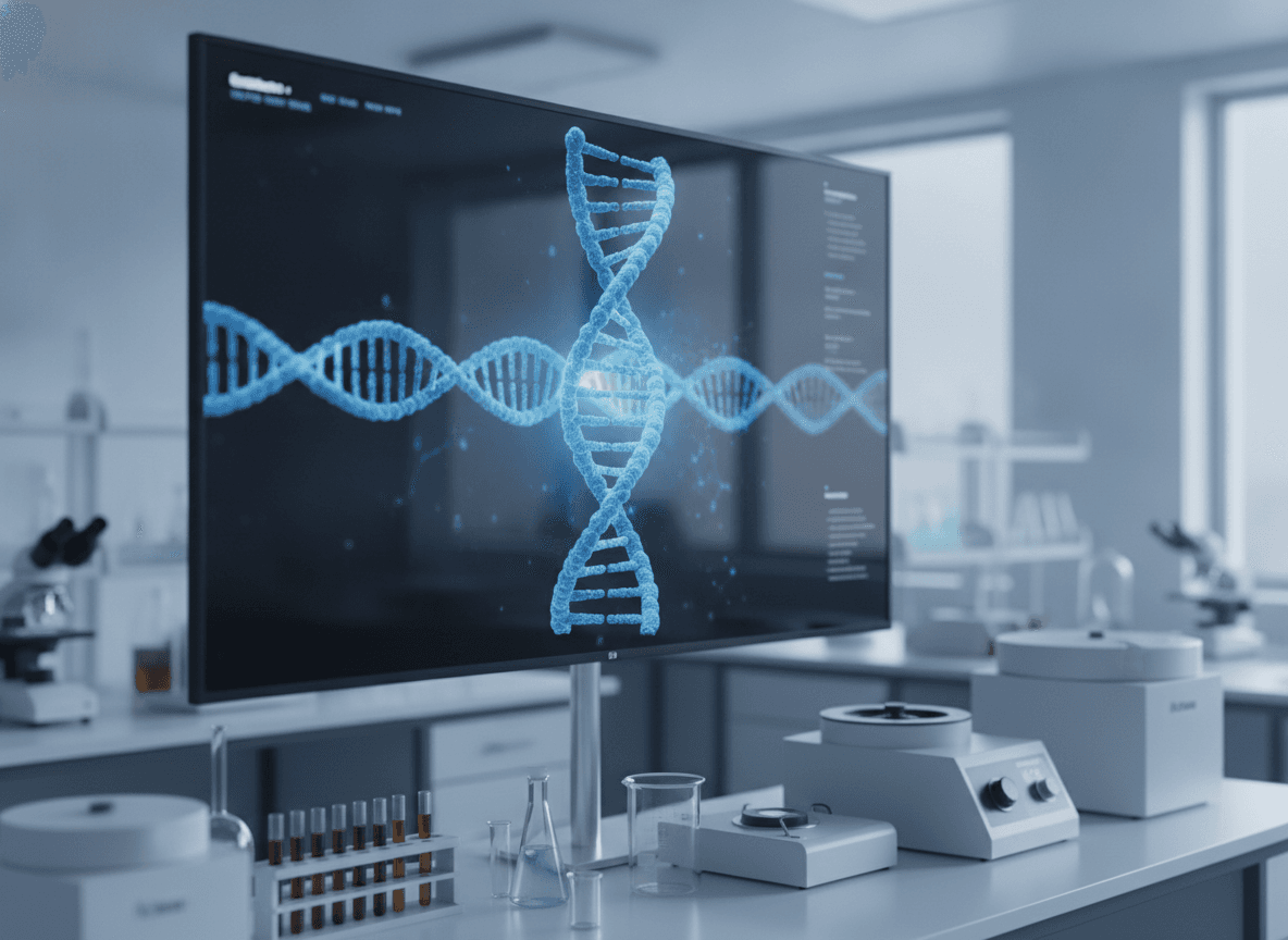 青いDNA二重螺旋が映る研究室のモニター - Large Lab Monitor Displaying a 3D DNA Double Helix