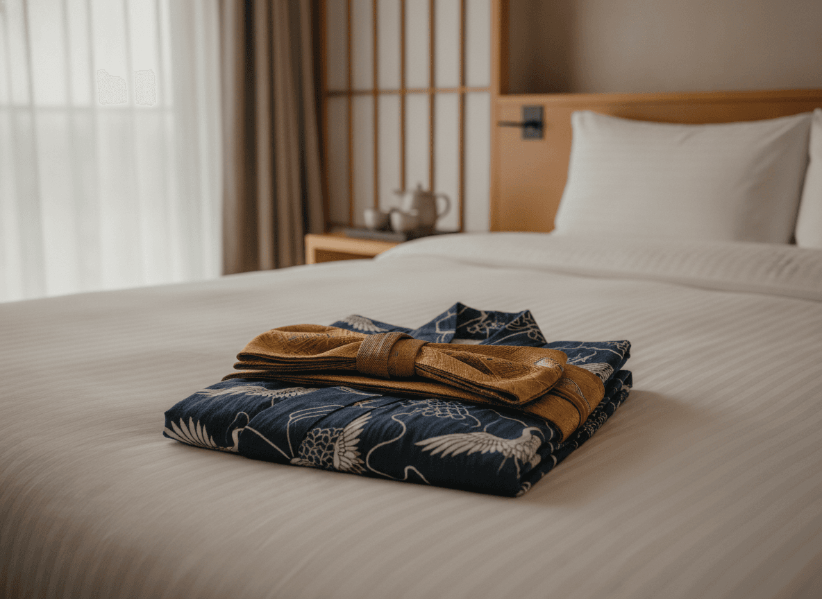 ホテルのベッドに整然と置かれた浴衣と帯 - Neatly Folded Yukata and Obi on a Hotel Bed
