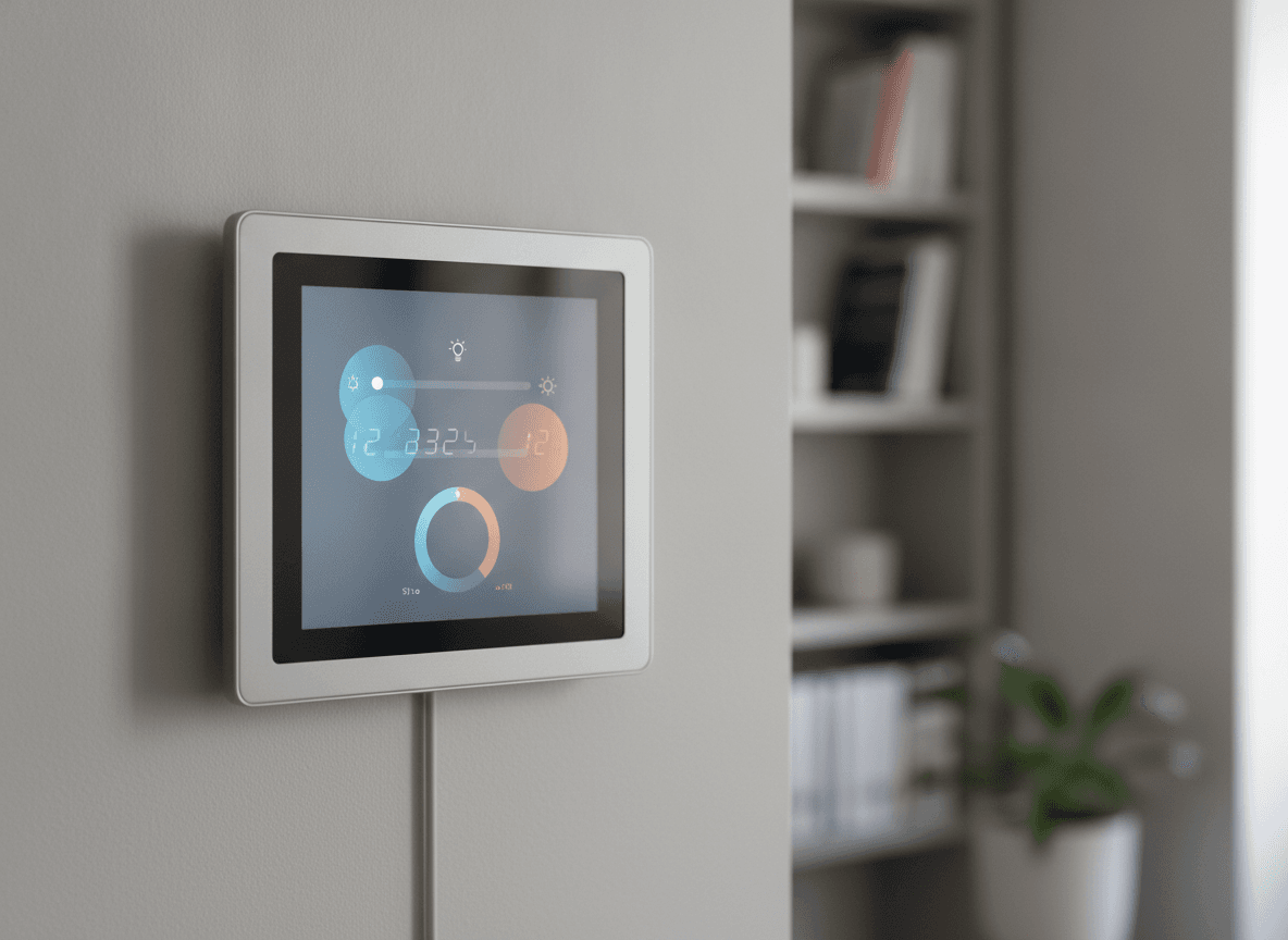 壁掛けスマートパネルに映る室内管理画面 - Wall-Mounted Smart Home Control Panel Displaying Room Temperature and Lighting