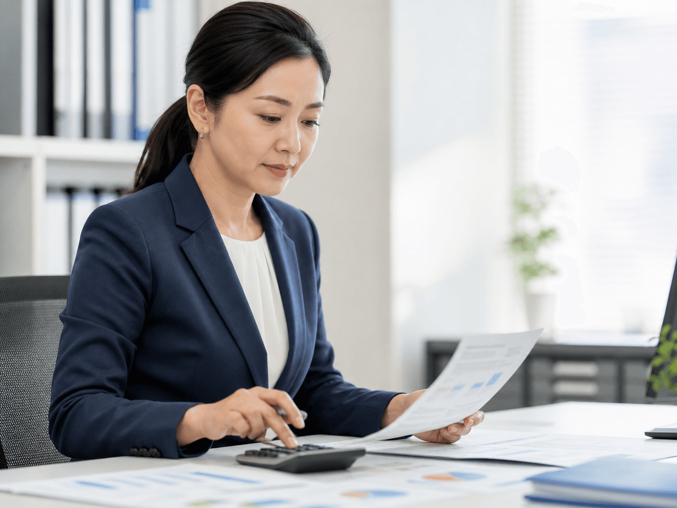 電卓を叩き決算書類を照合する女性経理 - Accountant Checking Financial Documents with a Calculator