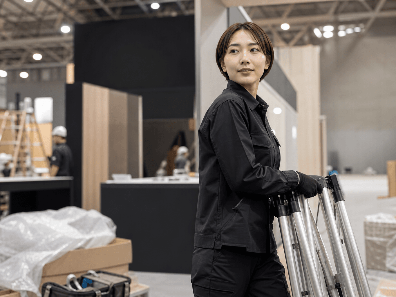 展示会ブースを設営するスタッフ - Staff Setting Up an Exhibition Booth