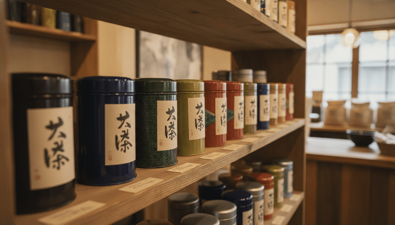 紅茶専門店の棚に並ぶティーキャニスター