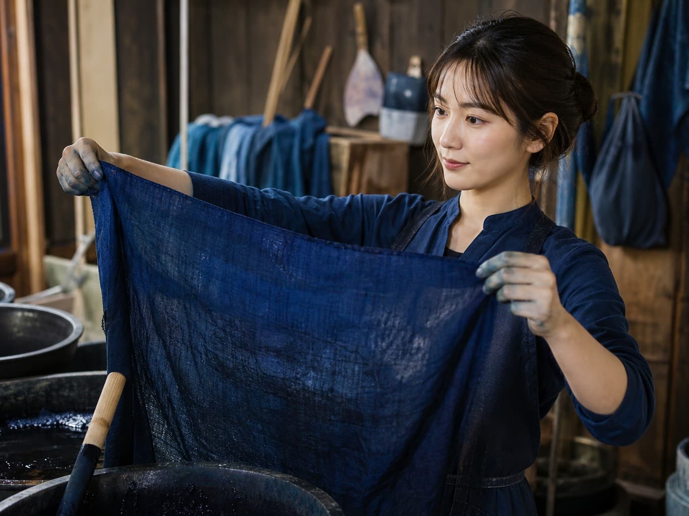 染液から引き上げた布を広げる藍染職人 - Indigo dyer holding up freshly dyed cloth