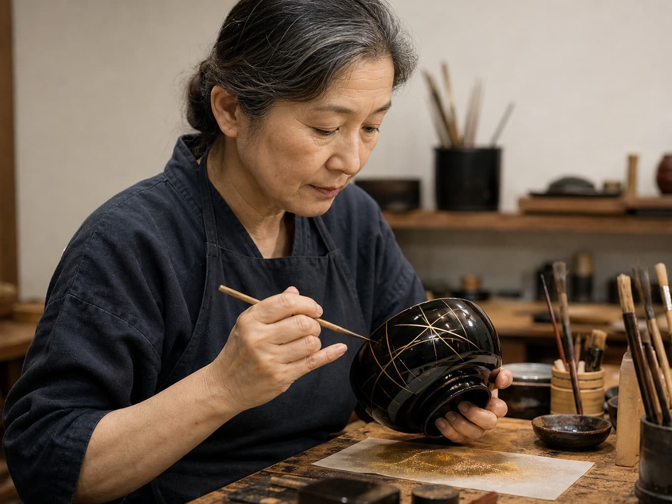 漆器に金粉で絵を描く蒔絵師 - Maki-e artist drawing with gold powder on lacquerware