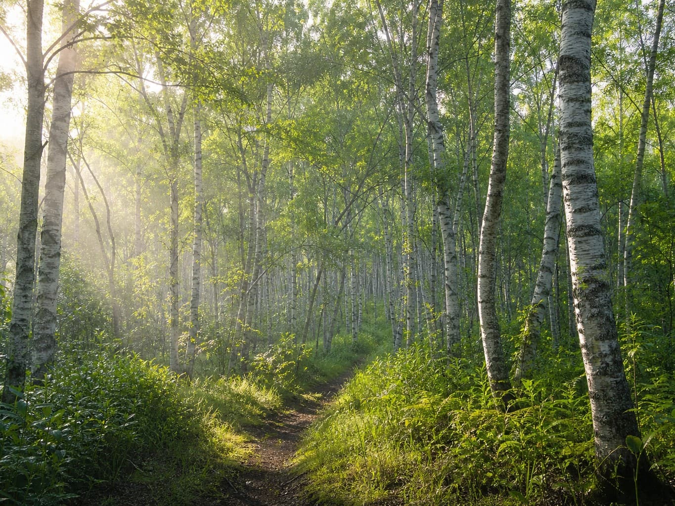 朝の光が差し込む白樺林の小道 - Morning light through a birch forest with a trail