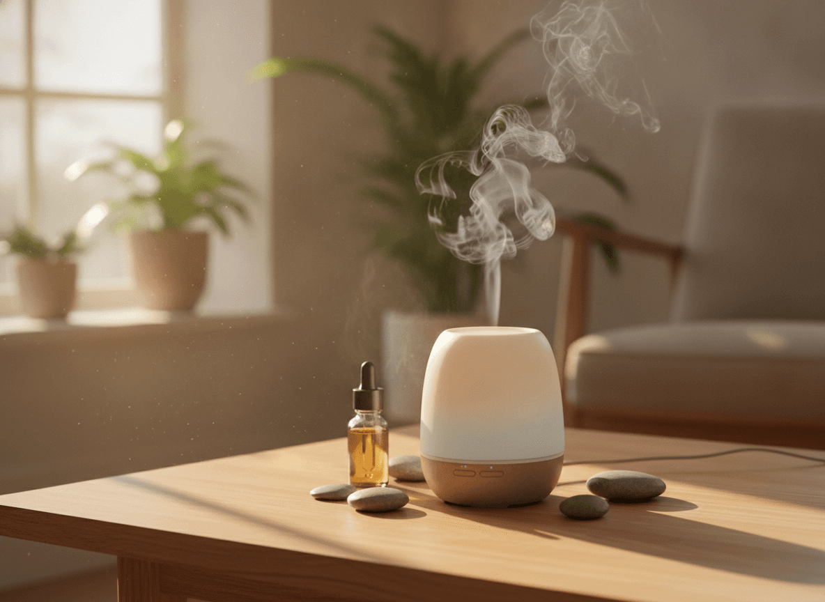 明るい室内の木製テーブルに置かれたアロマディフューザーと優しいミストの風景