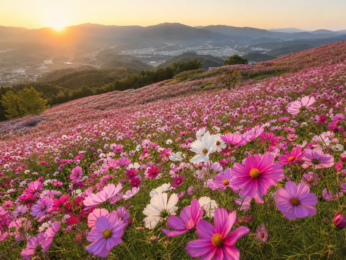 満開のコスモス畑が広がる秋の丘 - Hillside covered in blooming pink and white cosmos flowers