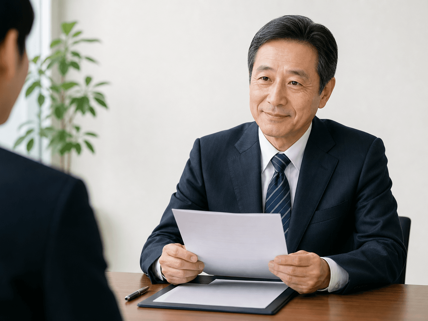 面接室でエントリーシートに目を通しながら優しく微笑むベテラン男性面接官の様子