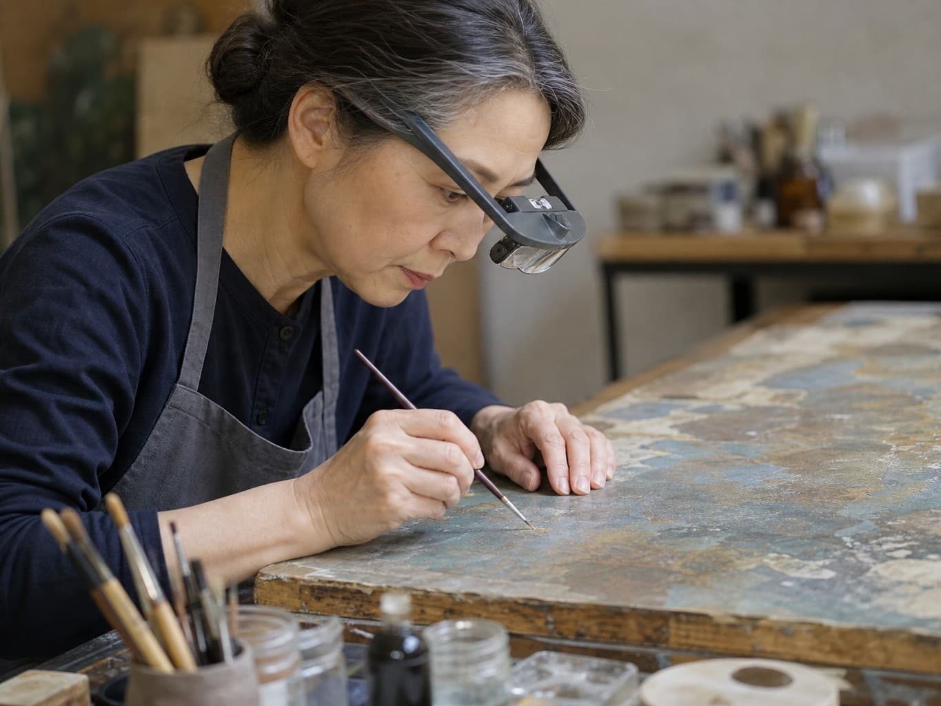 絵画の修復をする絵画修復士 - Painting conservator restoring a painting