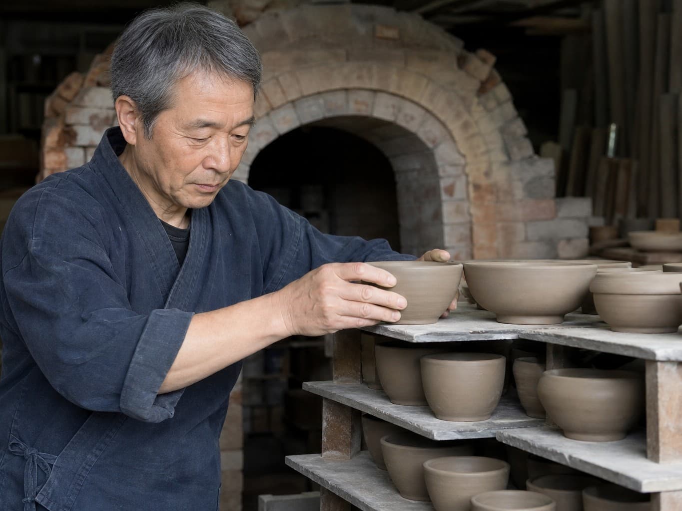 窯の前で陶器を並べる陶工 - Potter arranging pottery in front of a kiln