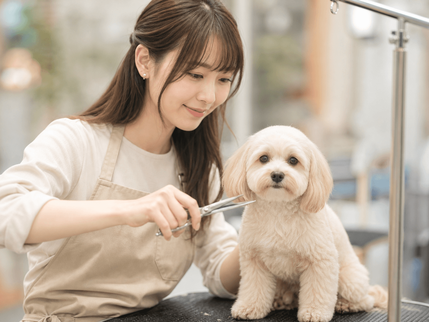 犬をカットするペットトリマー - Pet Groomer Trimming a Dog's Fur