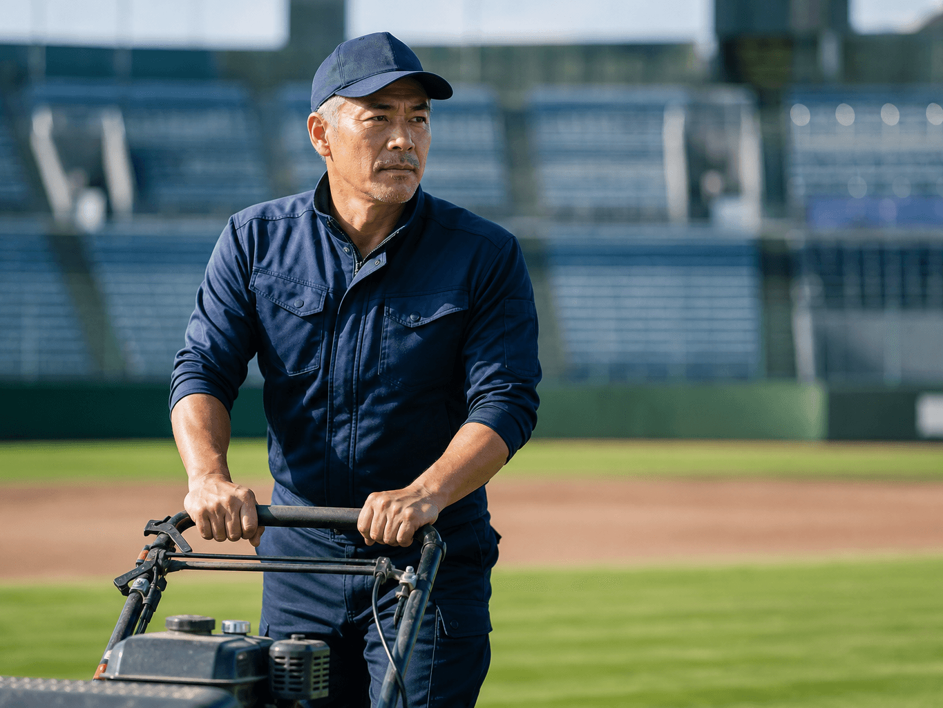 芝生の手入れをするグラウンドキーパー - Groundskeeper Maintaining a Baseball Field