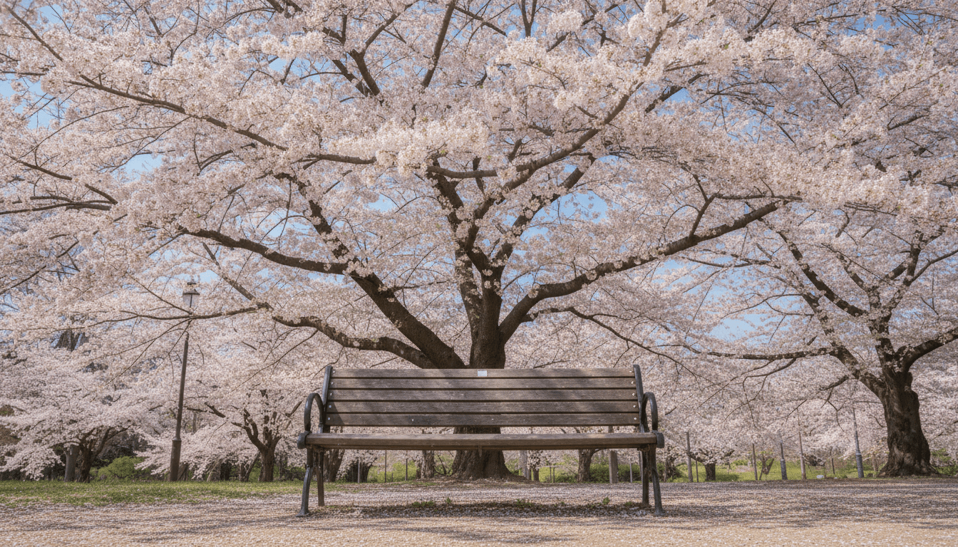 満開の桜が咲き誇る公園の木製ベンチ