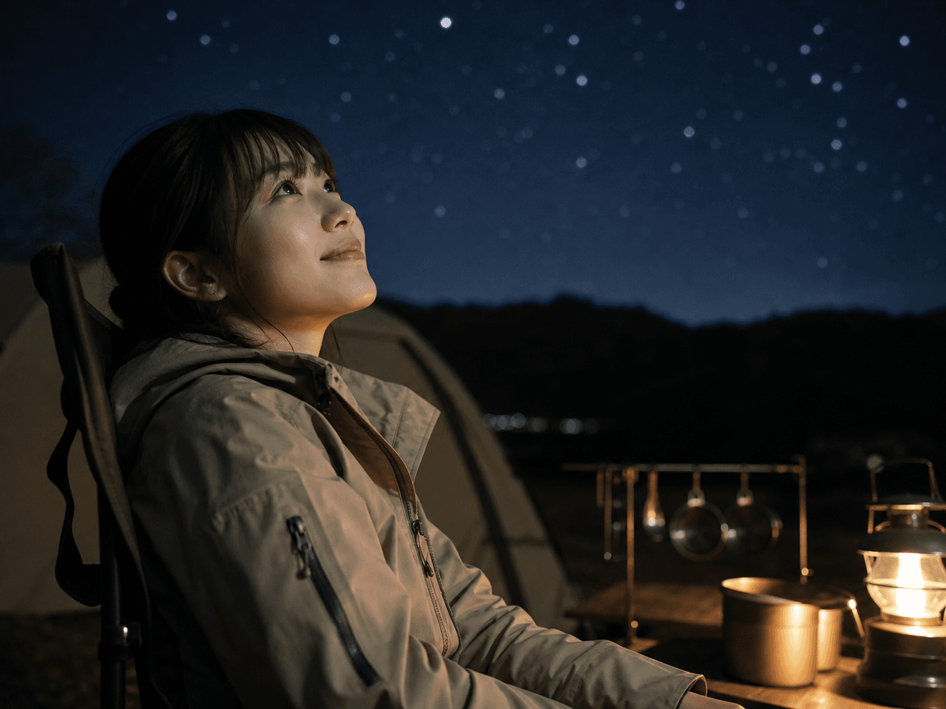ランタンの明かりで星空を眺めるナイトキャンプ - Stargazing by lantern light at a night campsite