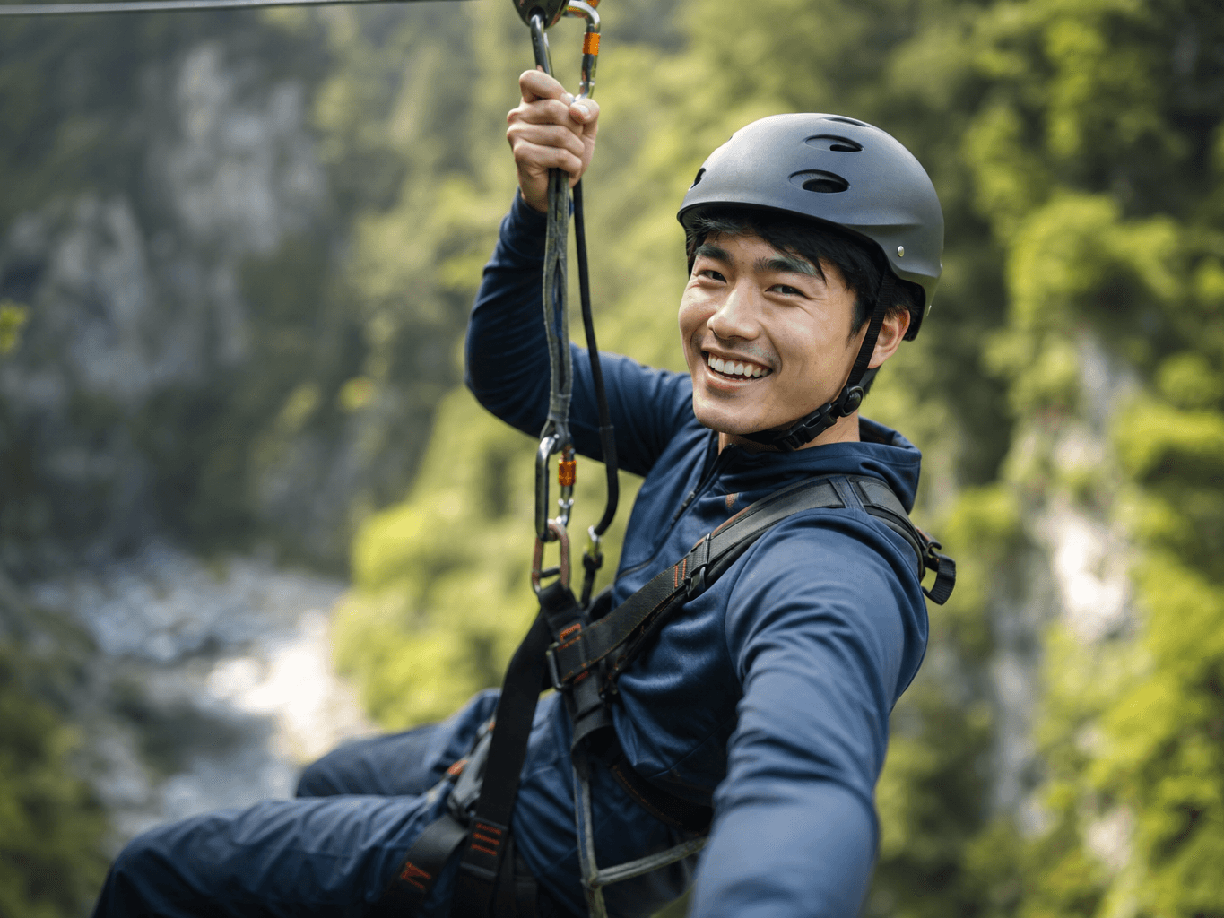 渓谷でジップラインを楽しむ男性 - Man Enjoying a Zip Line Through a Canyon