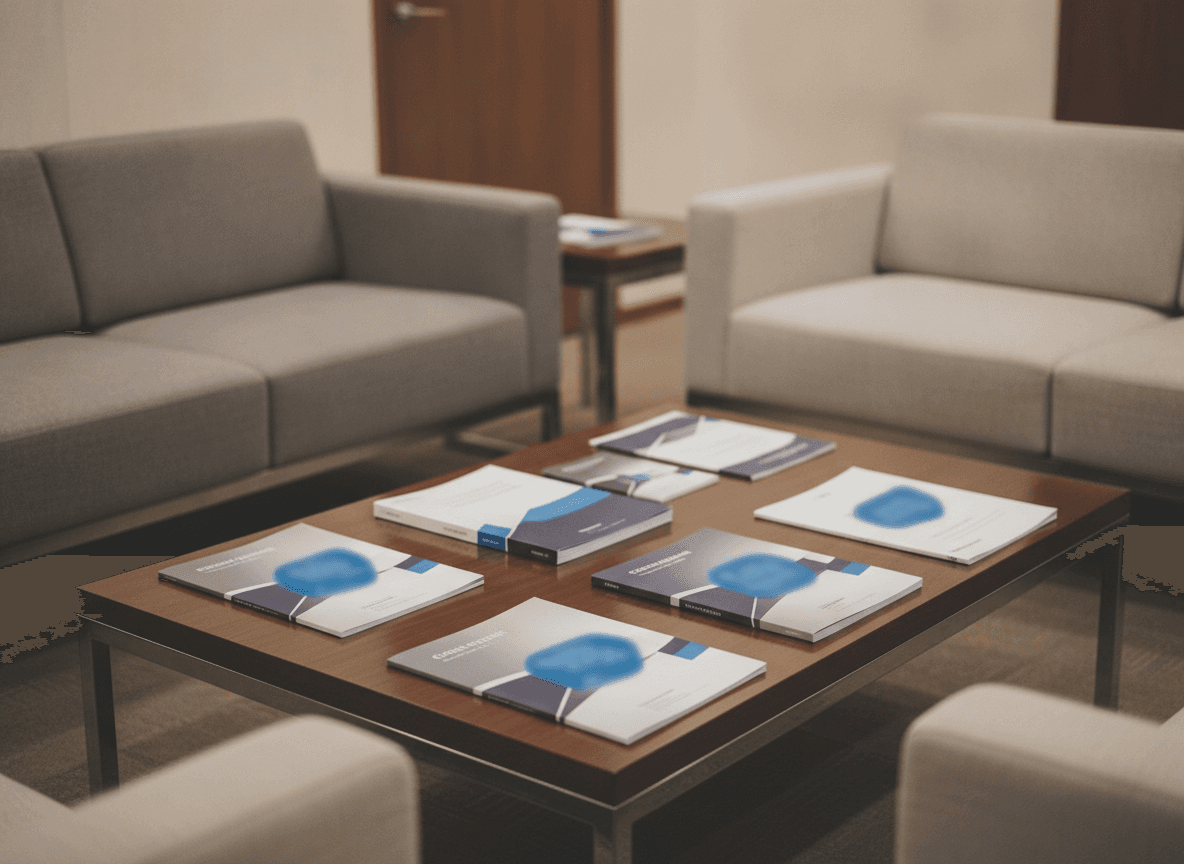 応接室のテーブルに並ぶ会社案内とパンフレット - Corporate brochures arranged on a reception room table