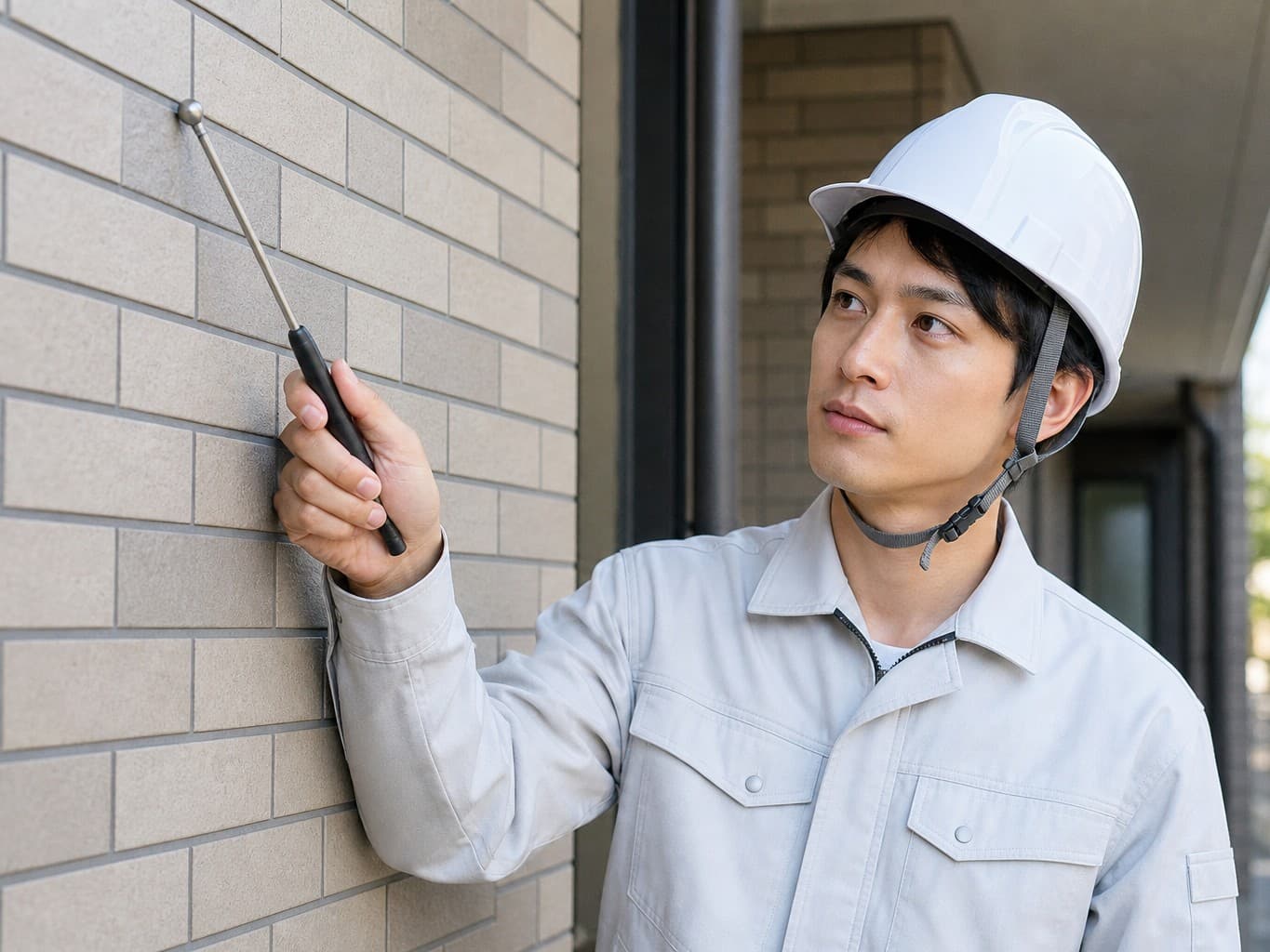 外壁を調査する建築物の調査員 - Building inspector tapping an exterior wall to check its condition