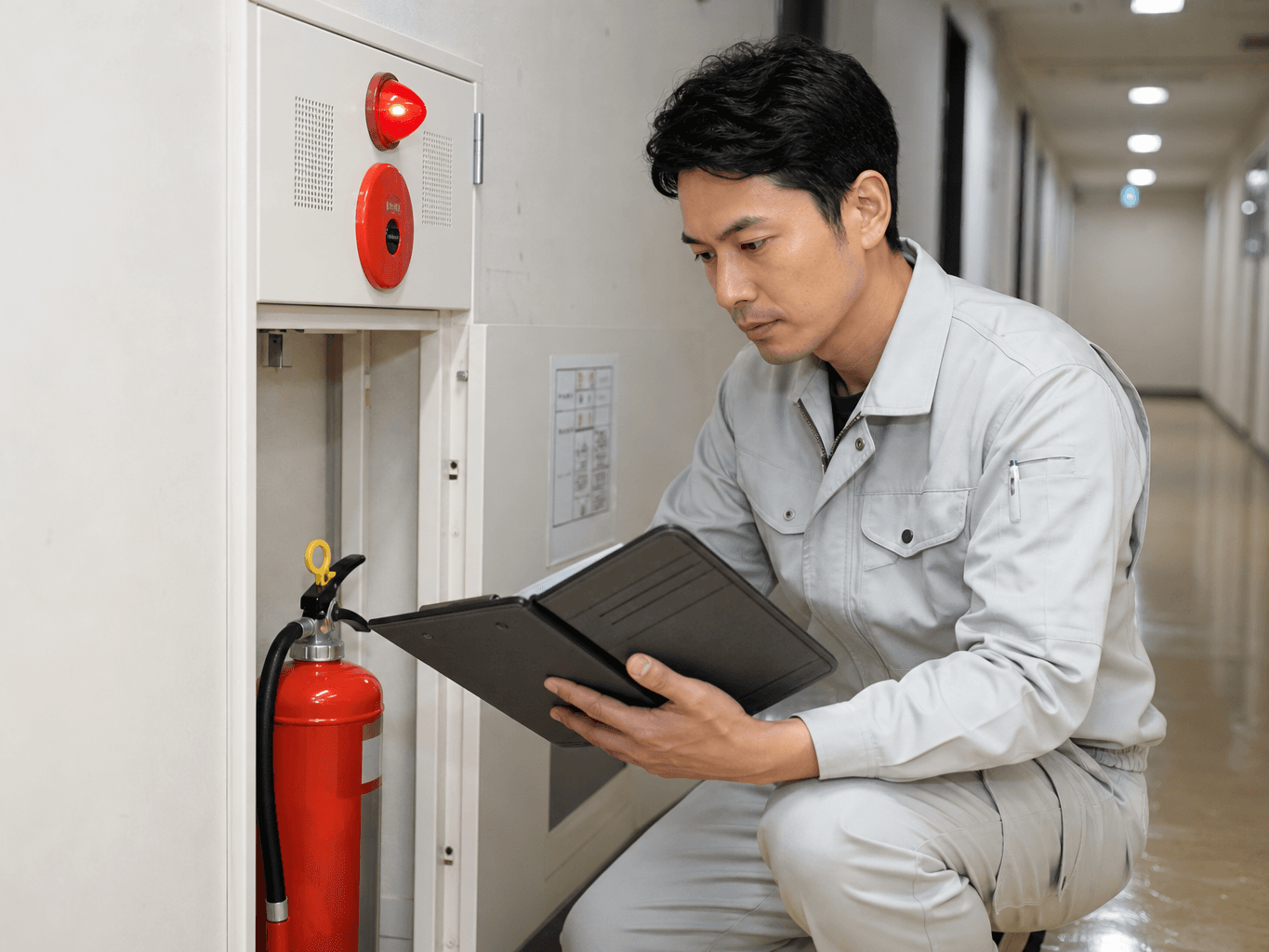 消防設備を点検する点検員 - Fire Safety Inspector Checking Equipment