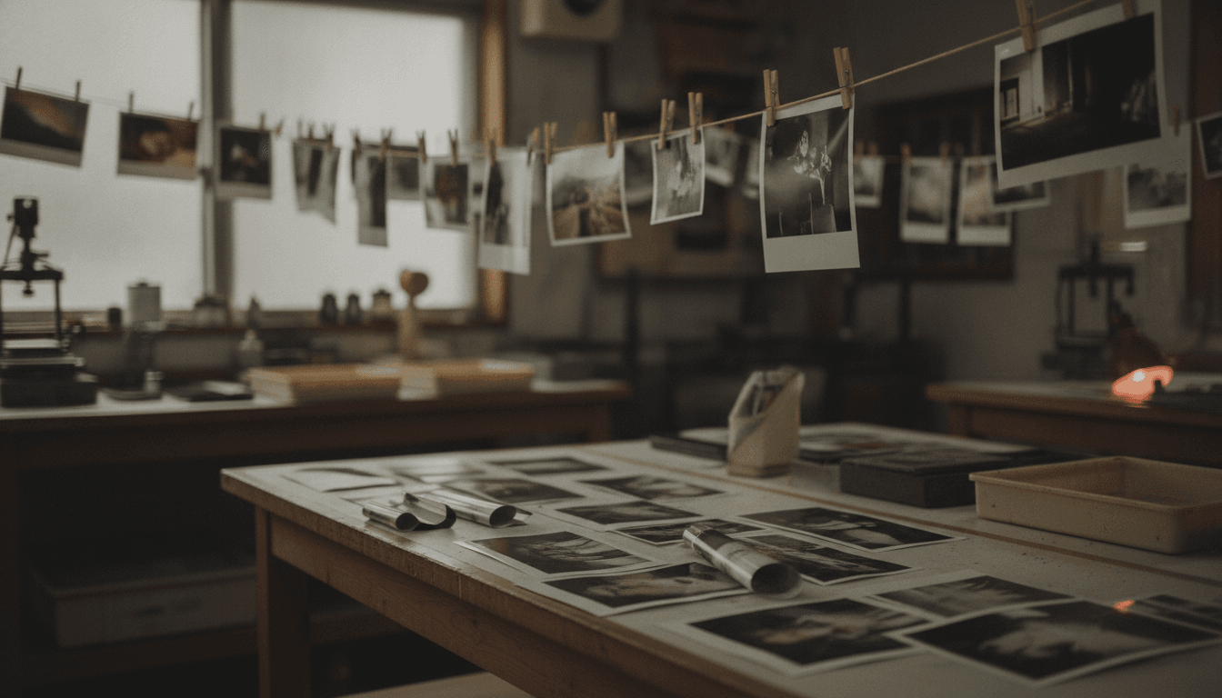 写真プリントが並ぶ現像ラボの作業場