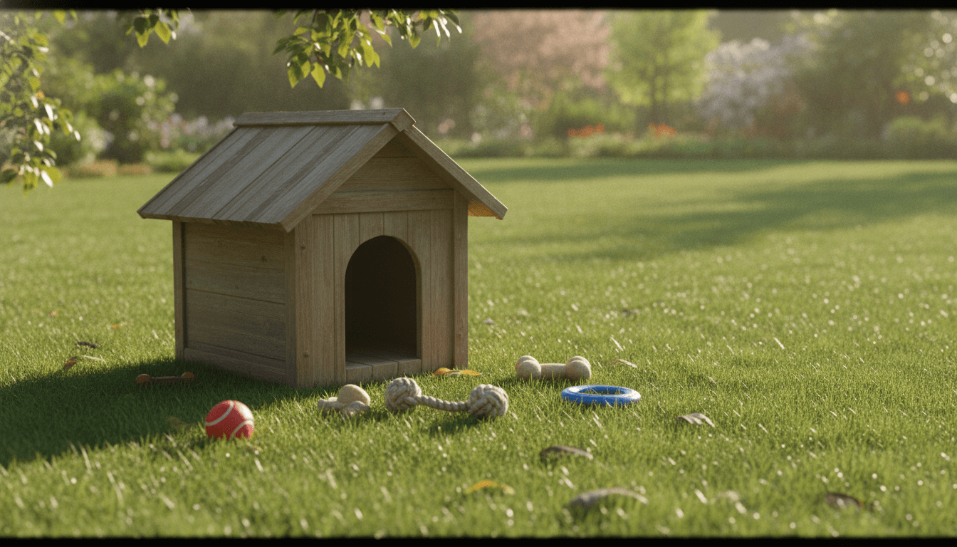おもちゃと犬小屋が置かれた緑の庭