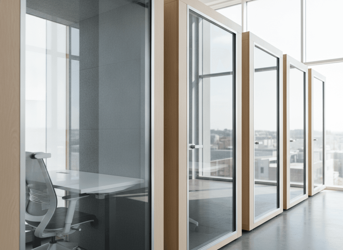 窓際に並ぶ防音型の個別集中ワークブース - Soundproof Focus Pods by Office Window
