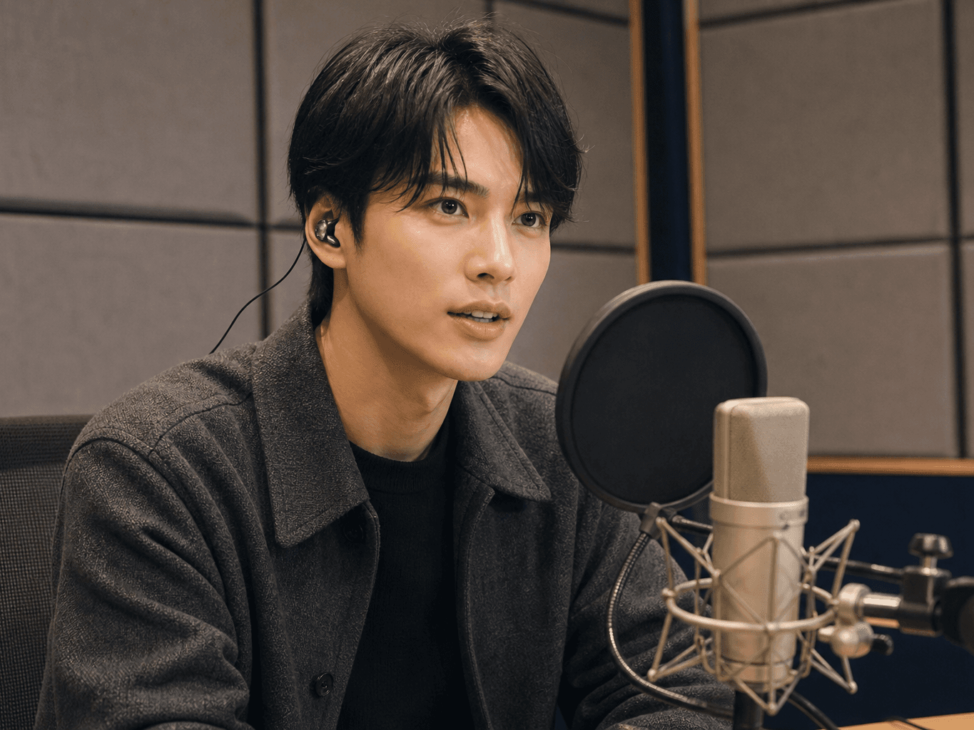 スタジオでマイクに向かって話すラジオパーソナリティ - Radio host speaking into a microphone in a studio