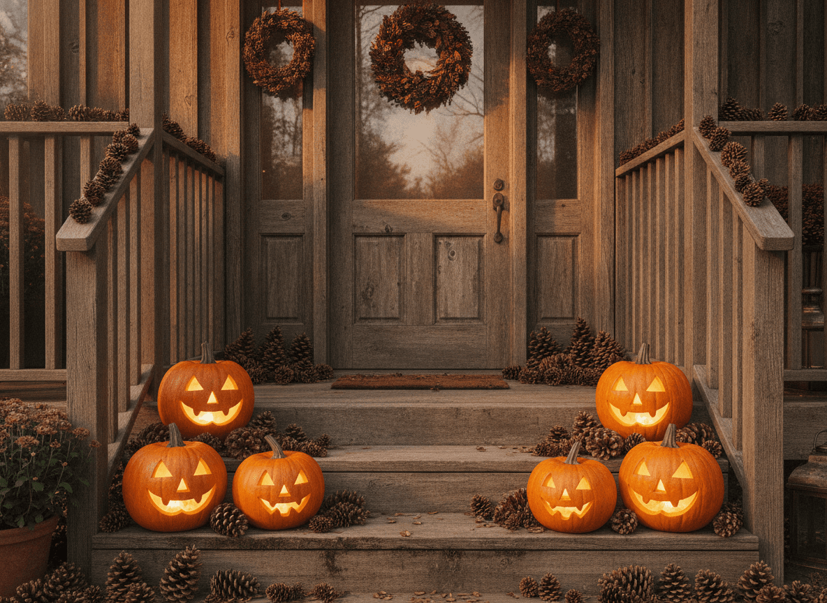 カボチャランタンが飾られた秋の木製玄関前 - Wooden Front Porch Decorated with Pumpkin Lanterns