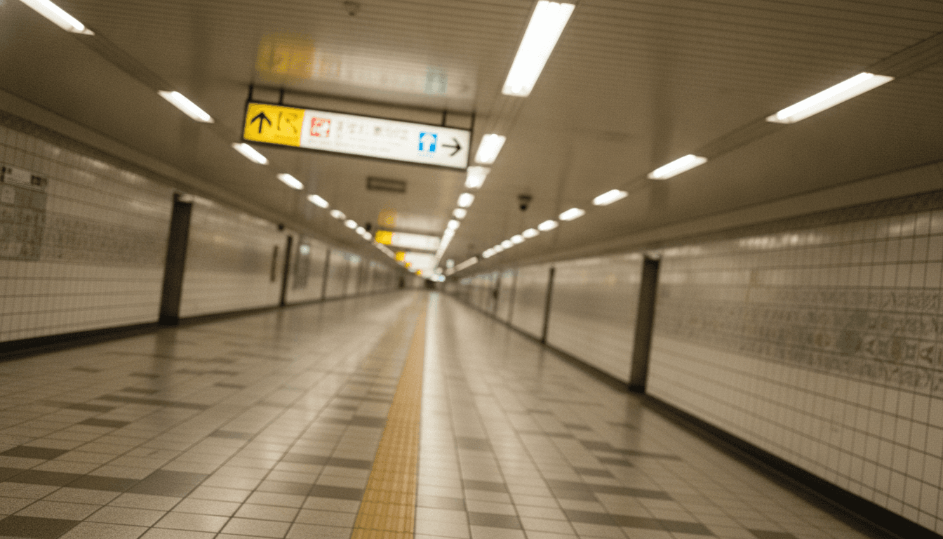 地下鉄駅構内の通路と頭上の案内表示