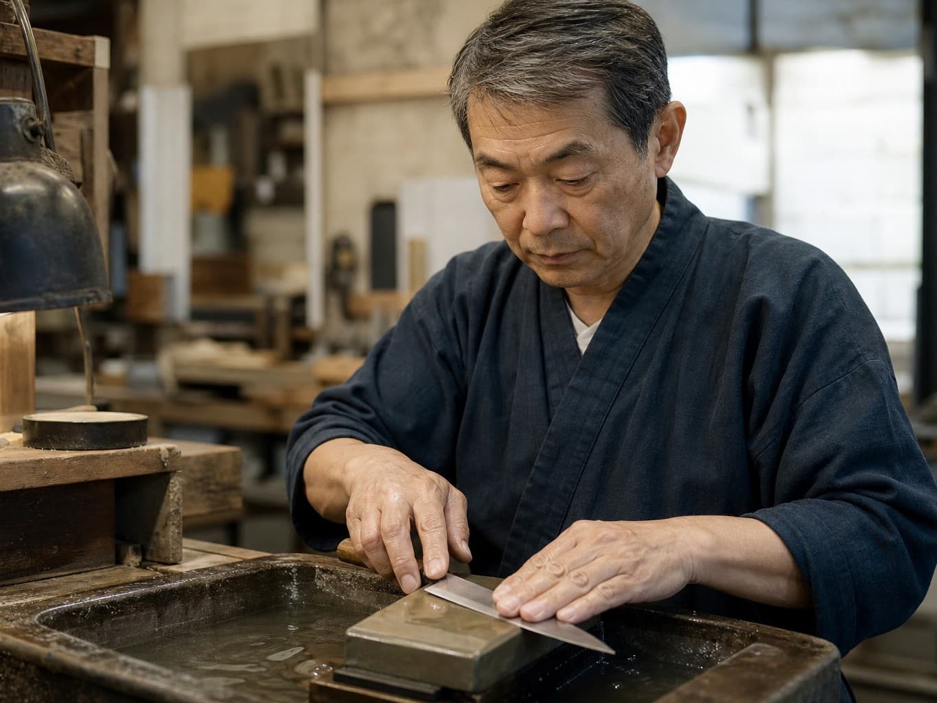 砥石で包丁を研ぐ研ぎ師 - Knife sharpener honing a kitchen knife on a whetstone