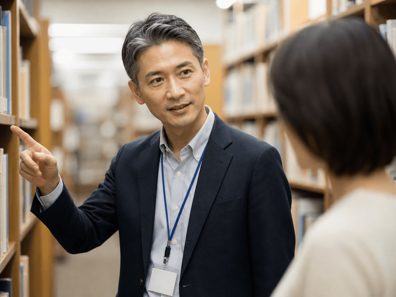 図書館で本の場所を案内する司書 - Librarian Helping a Patron Find a Book