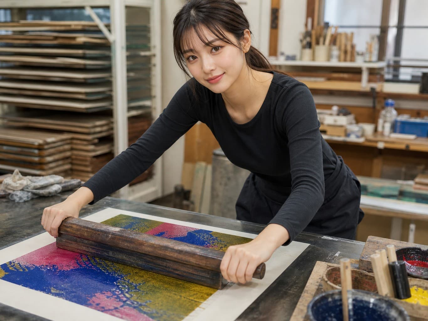 バレンで木版画を摺る摺り師 - Woodblock printer rubbing paper with a baren