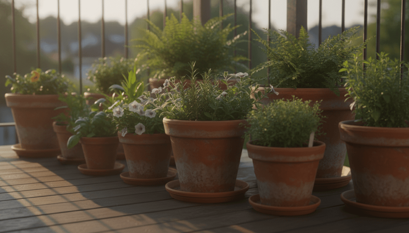 陽光が差し込むバルコニーのガーデニング鉢植え