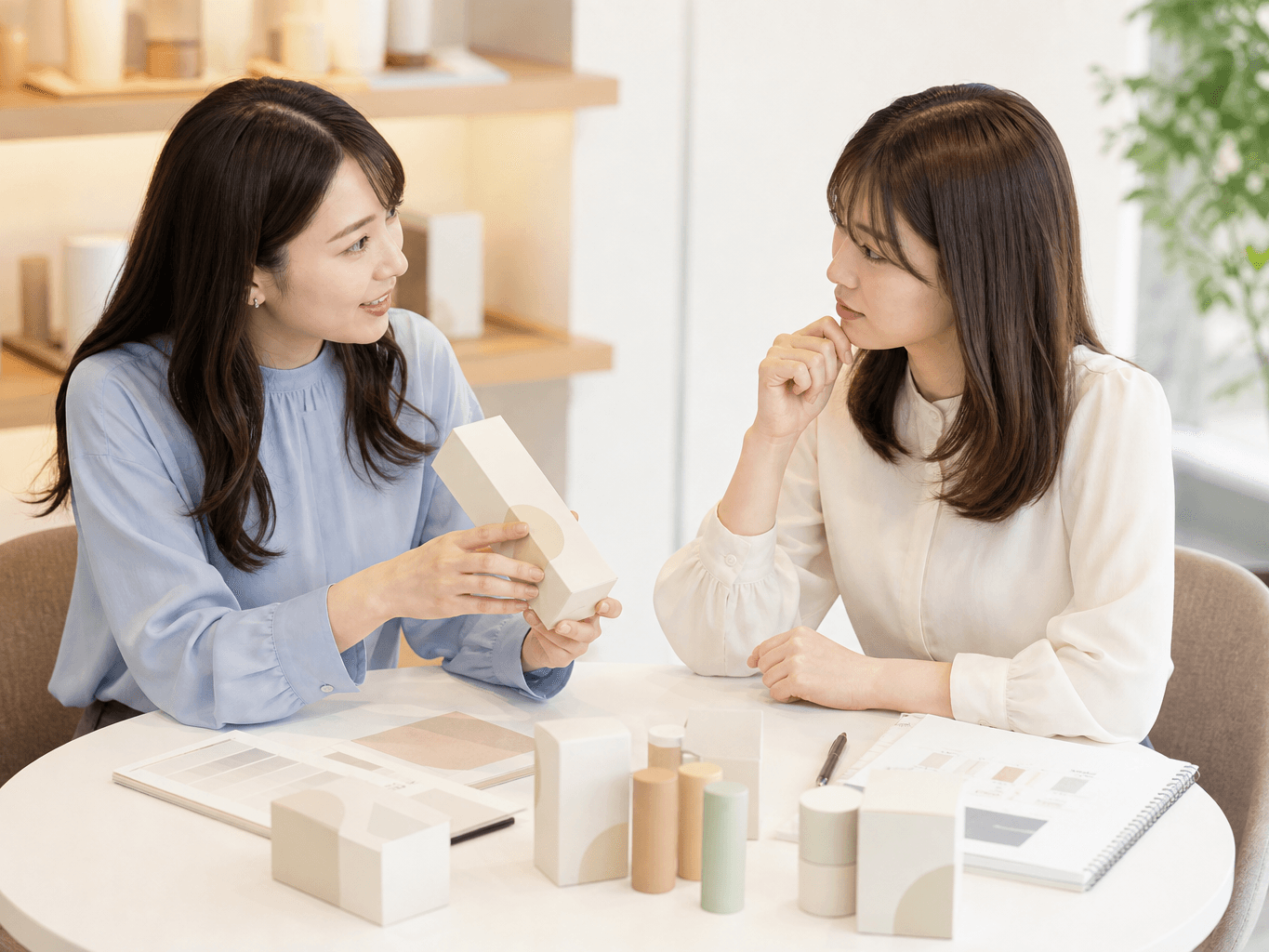 丸テーブルで試作品のパッケージを手に意見を交わす二人の様子 - Reviewing Product Package Prototypes at a Round Table
