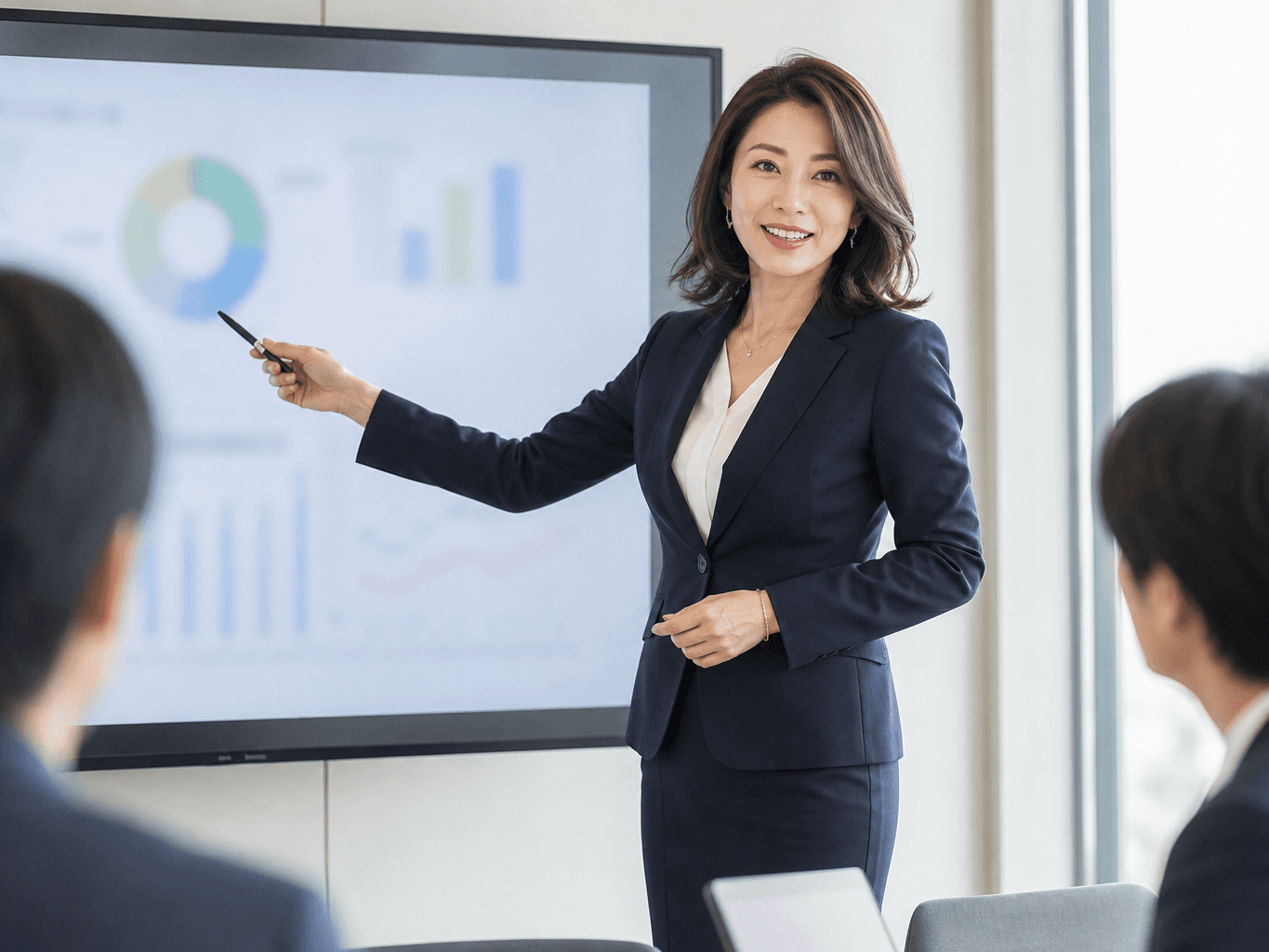 大型モニター前でプレゼンを行う女性社員 - Businesswoman Presenting in Front of a Large Monitor