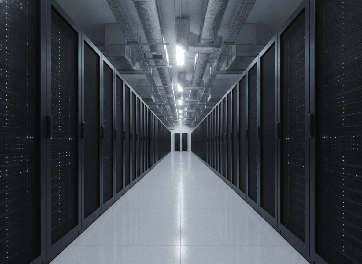 LED照明に照らされたデータセンター通路 - Server Room Aisle with LED Lighting and Air Ducts