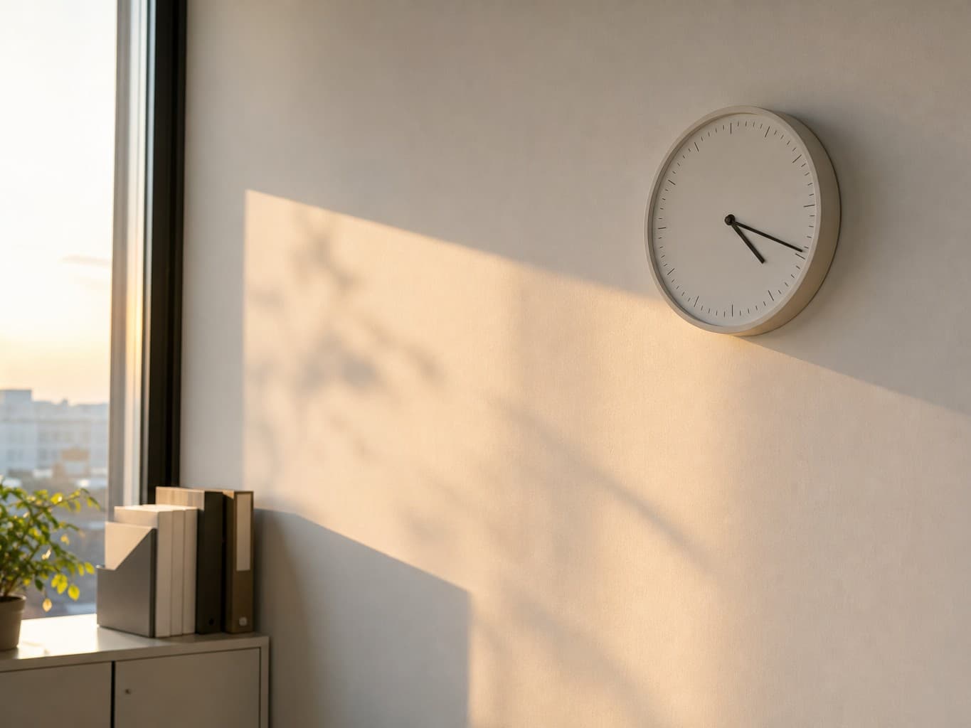 夕方の光に照らされるオフィスの壁掛け時計 - Simple wall clock in an office lit by evening light