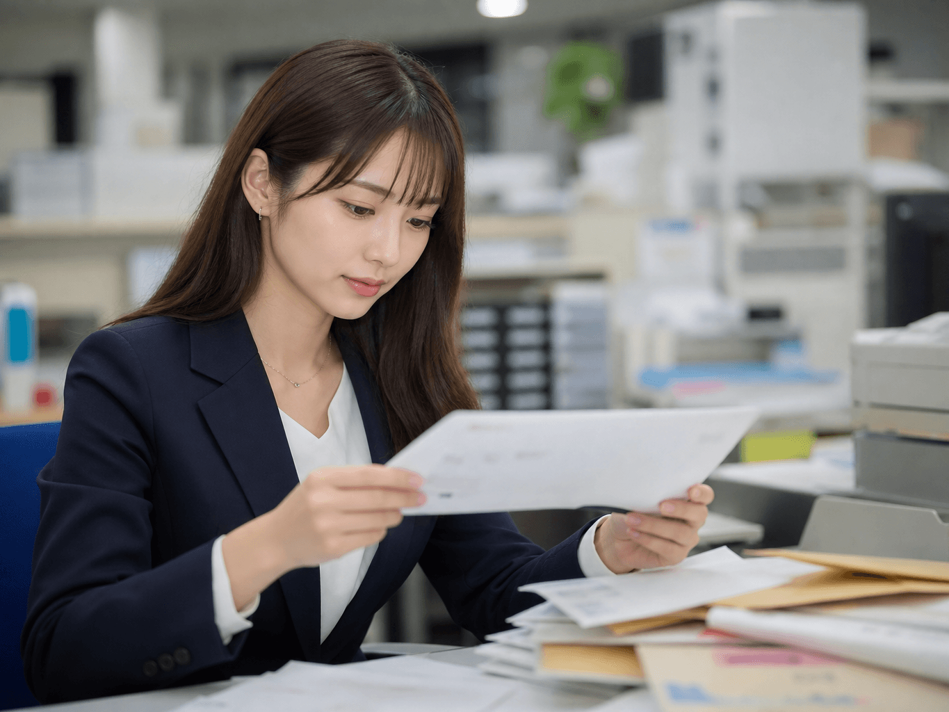 郵便物の仕分けと伝票確認を行う女性社員 - Office Worker Sorting Mail and Checking Invoices